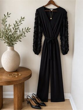 Cato Black Wide Leg Jumpsuit | Swiss Dot Balloon Sleeves | Tie Waist | LP